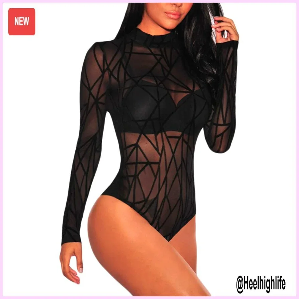 Sheer Mesh Long Sleeve Bodysuit with Snap Crotch Clubwear